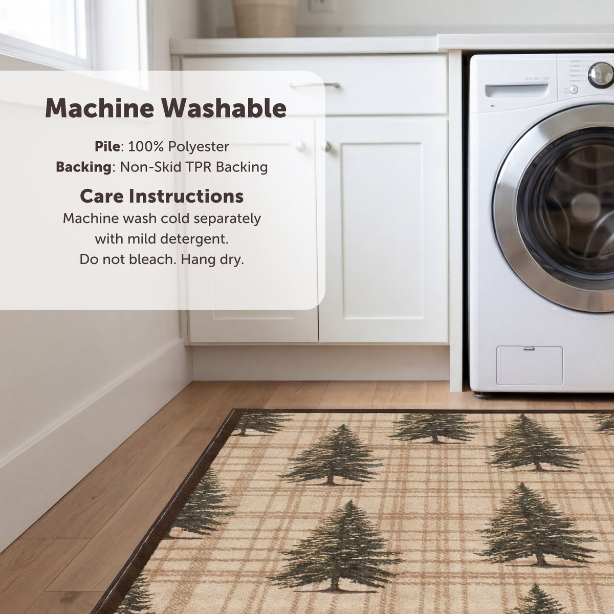 Beige plaid area rug with dark green pine tree pattern and brown border on wooden floor.