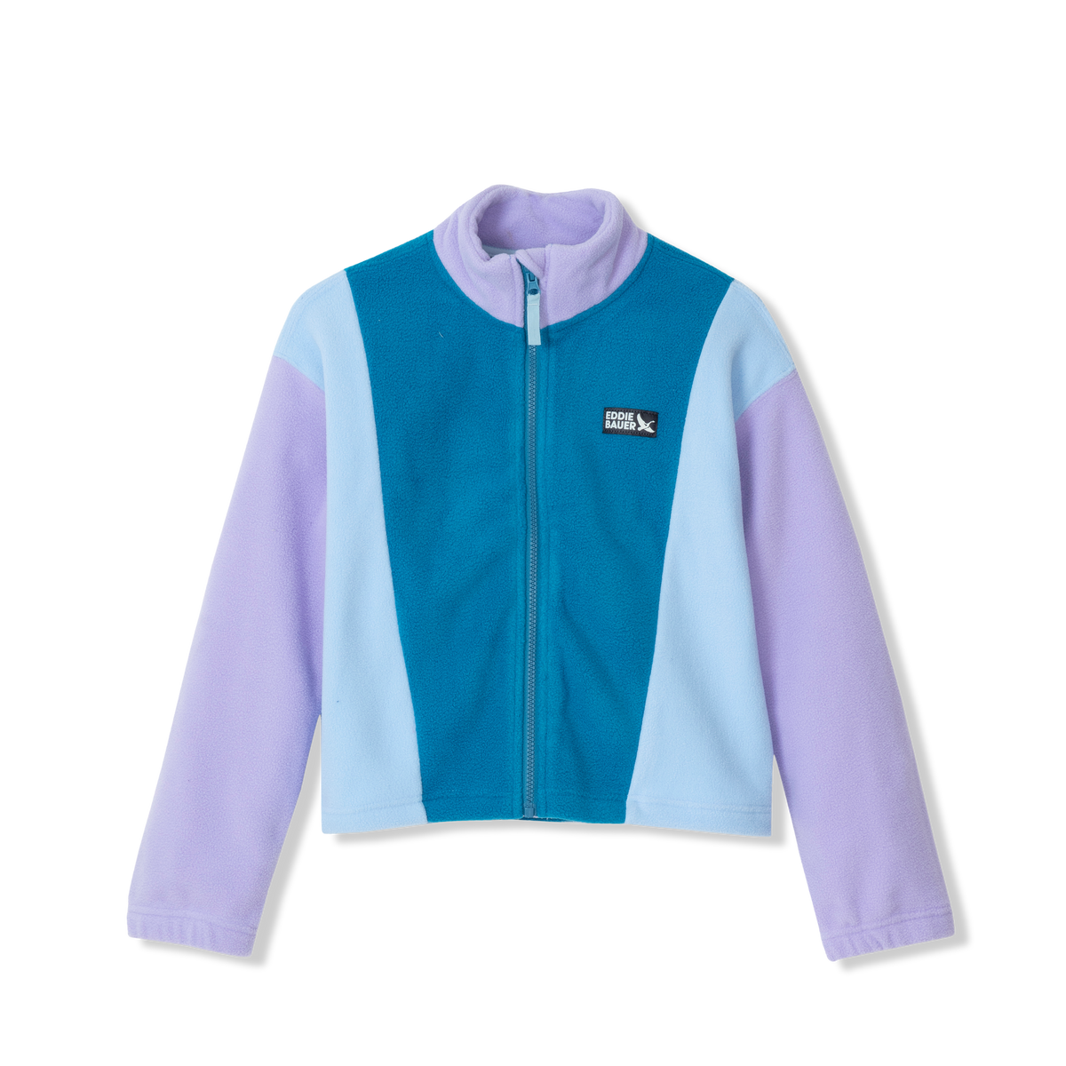 Girls fleece jacket with teal center panel, light blue and lavender colorblock sleeves, and full front zip.