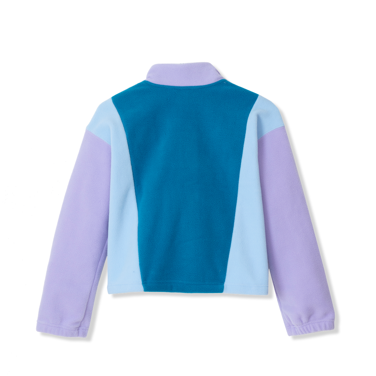 Girls fleece jacket with teal back, light blue and lavender colorblock panels, and full zip closure.