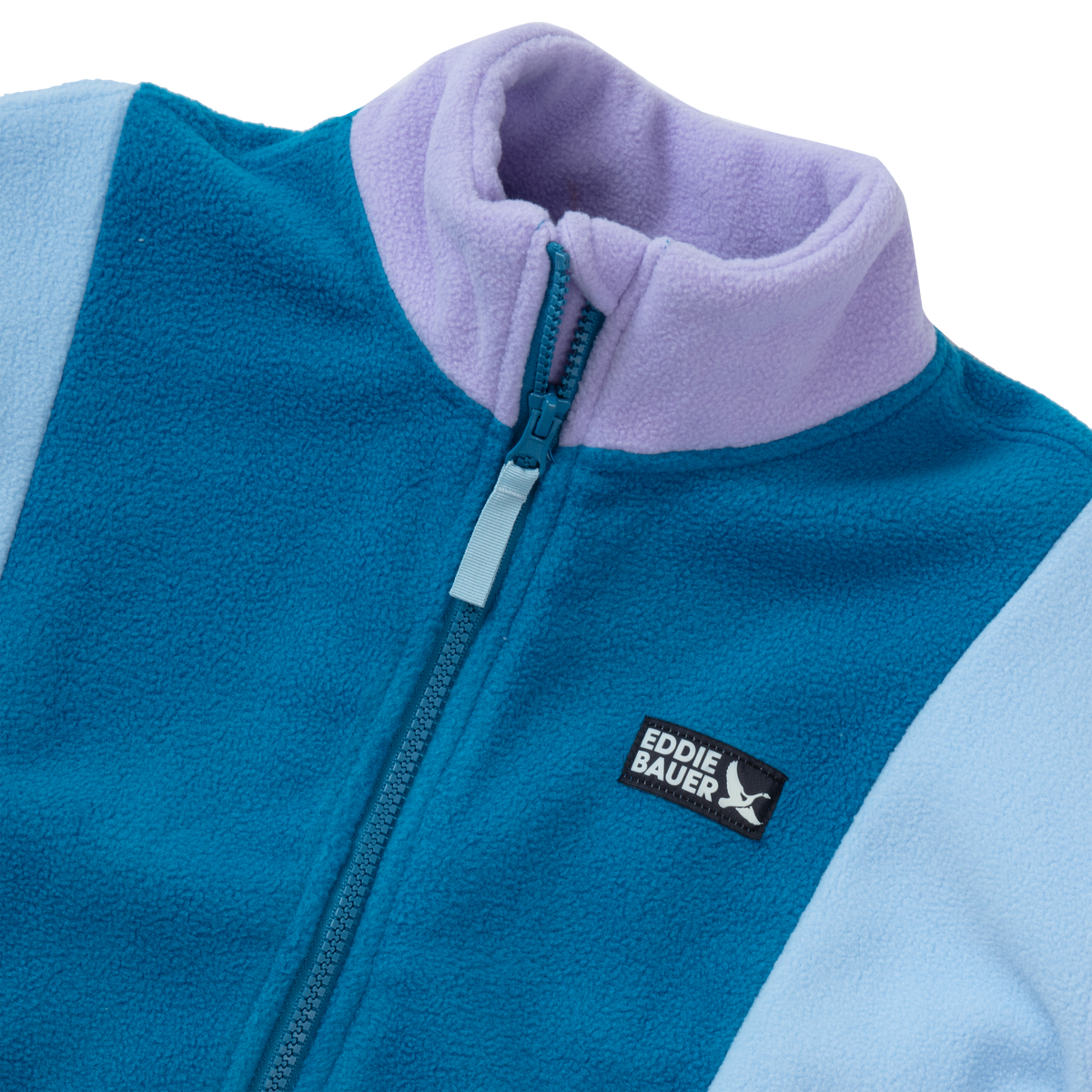 Fleece jacket with blue, lavender, and light blue colorblocks, full zip closure, and branded label on chest.