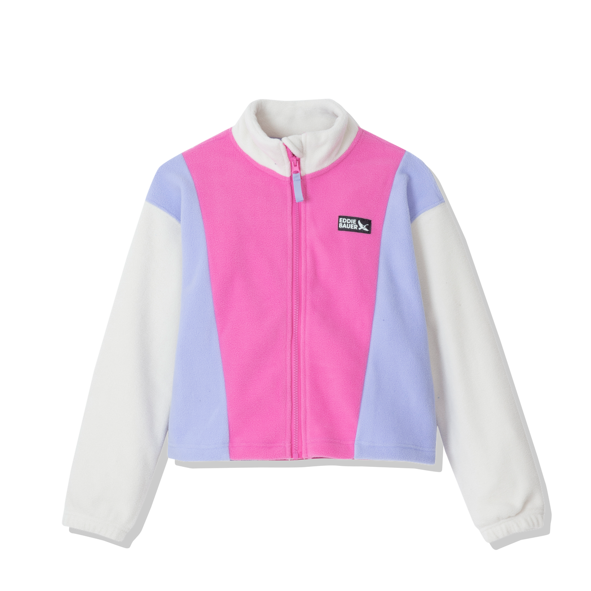 Girls' fleece jacket with pink, lavender, and cream colorblocks, full zip front, and crew neckline.