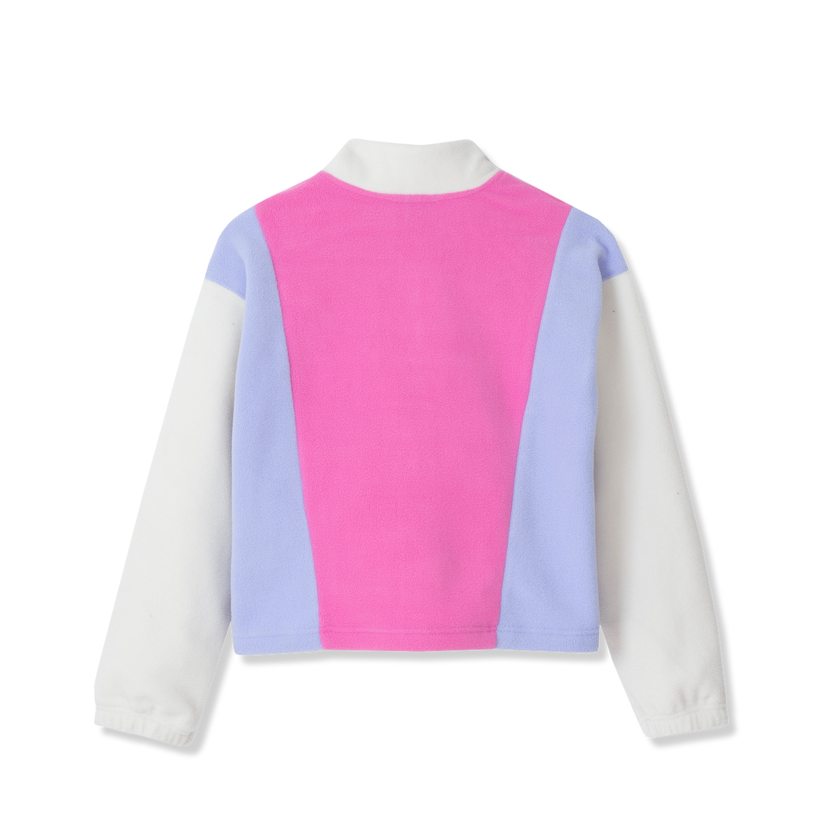 Girls fleece jacket with pink, lavender, and white colorblock panels and white collar.