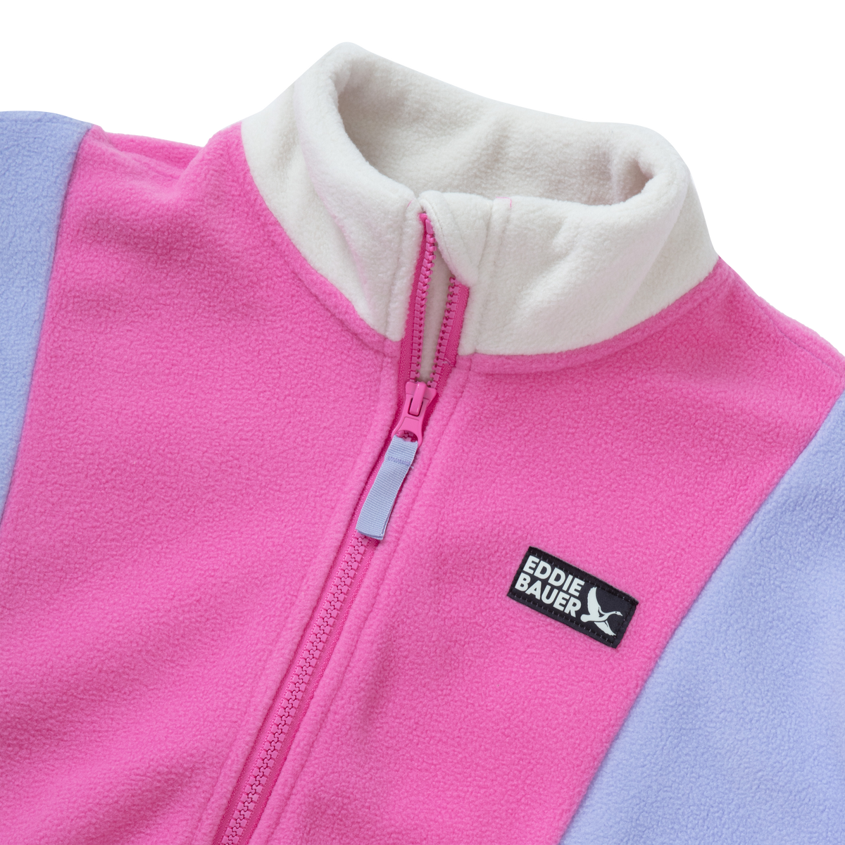 Girls fleece jacket with colorblock design in pink, white, and blue with full zip and mock neck collar.