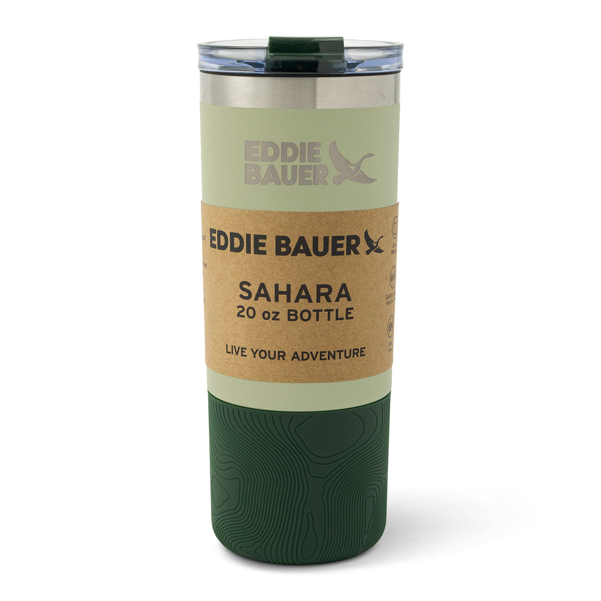 Pale green insulated bottle with cork grip band, dark green patterned base, and dark green lid with clear top panel.