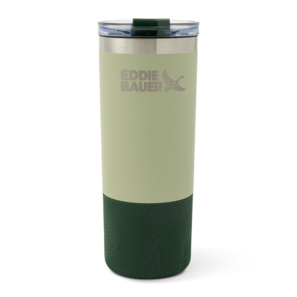 Tall insulated bottle with cream-colored upper section, dark green patterned lower section, and green slide lid with clear wi