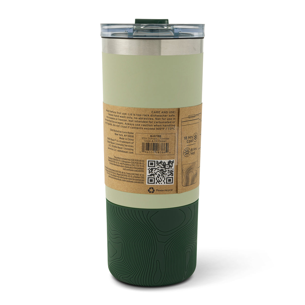 Insulated water bottle with pale green upper section, stainless steel band, cork label with care instructions, and dark green