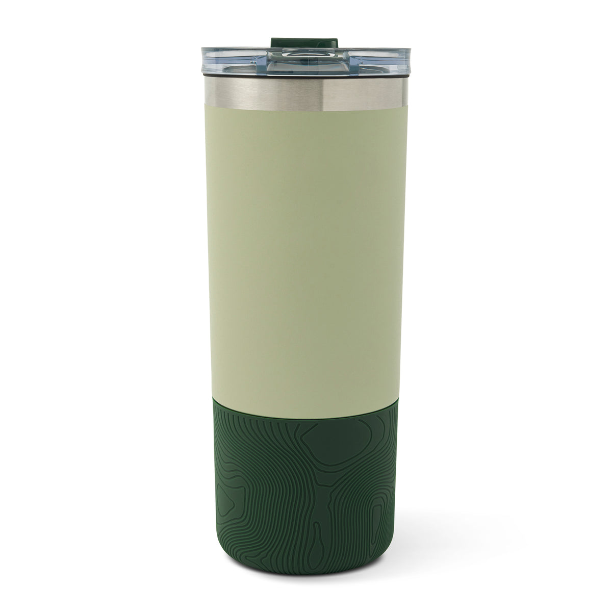 Tall insulated tumbler with cream-colored upper body, stainless steel band, dark green textured lower section, and teal lid w