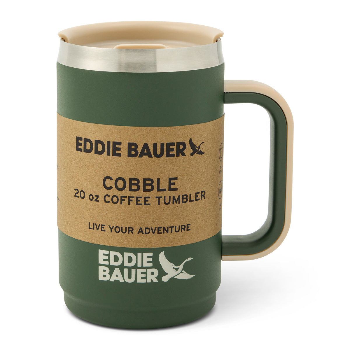 Green and tan 20oz coffee tumbler with stainless steel rim, handle, and Eddie Bauer branding.