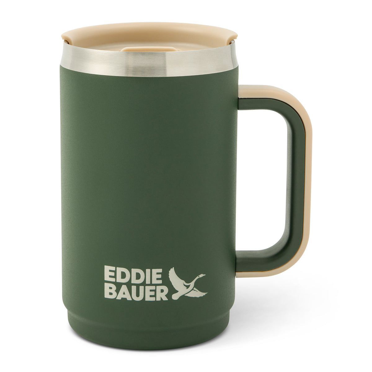 Green insulated tumbler with stainless steel band, tan handle, and Eddie Bauer logo.