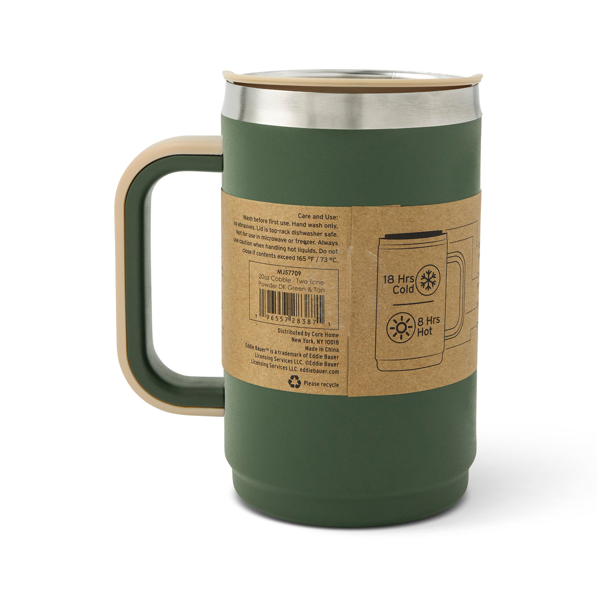 Green insulated tumbler with stainless steel rim, tan handle, and cork-textured band with care instructions and product detai