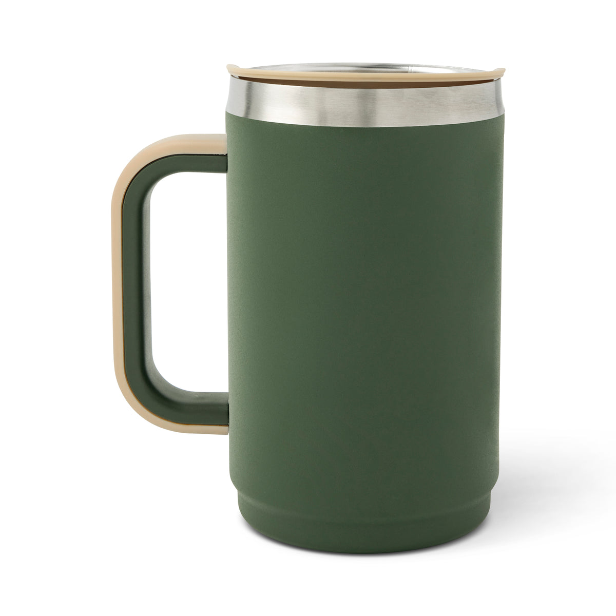 Green insulated coffee tumbler with stainless steel band, wooden handle, and wooden lid rim.