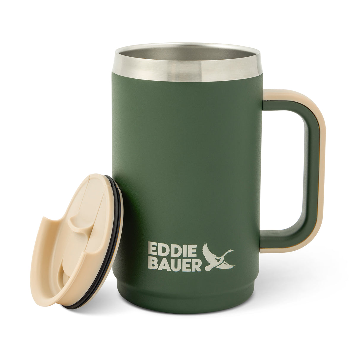 Green insulated tumbler with stainless steel rim, tan handle and lid, Eddie Bauer branding.