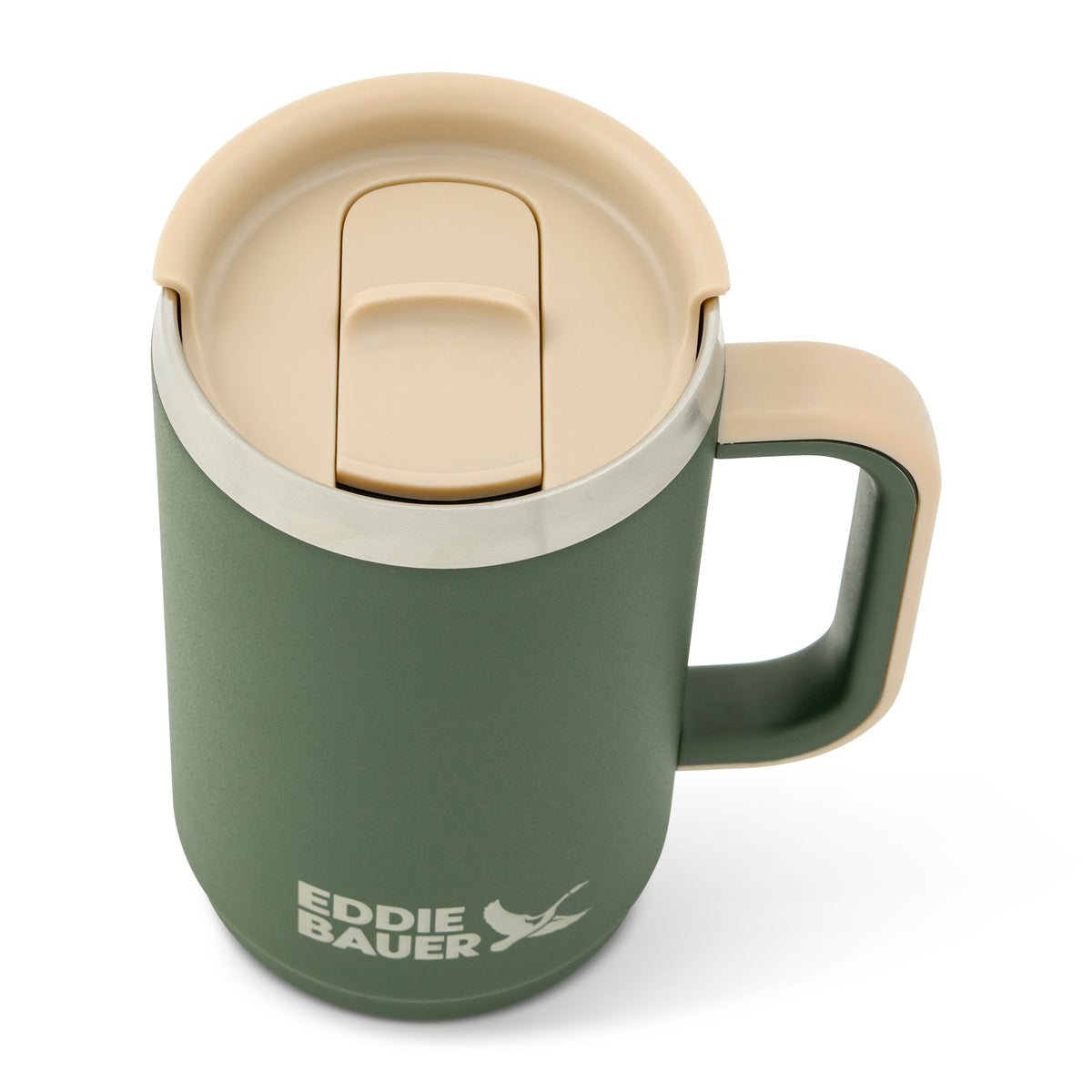 Green and cream tumbler with sliding lid and handle, text reading "Eddie Bauer" on front.