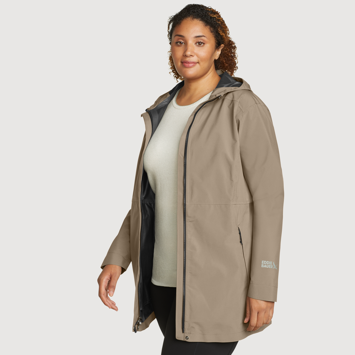 Women's Cloud Cap Waterproof Stretch Hooded Rain Parka-Tan-Plus-C1