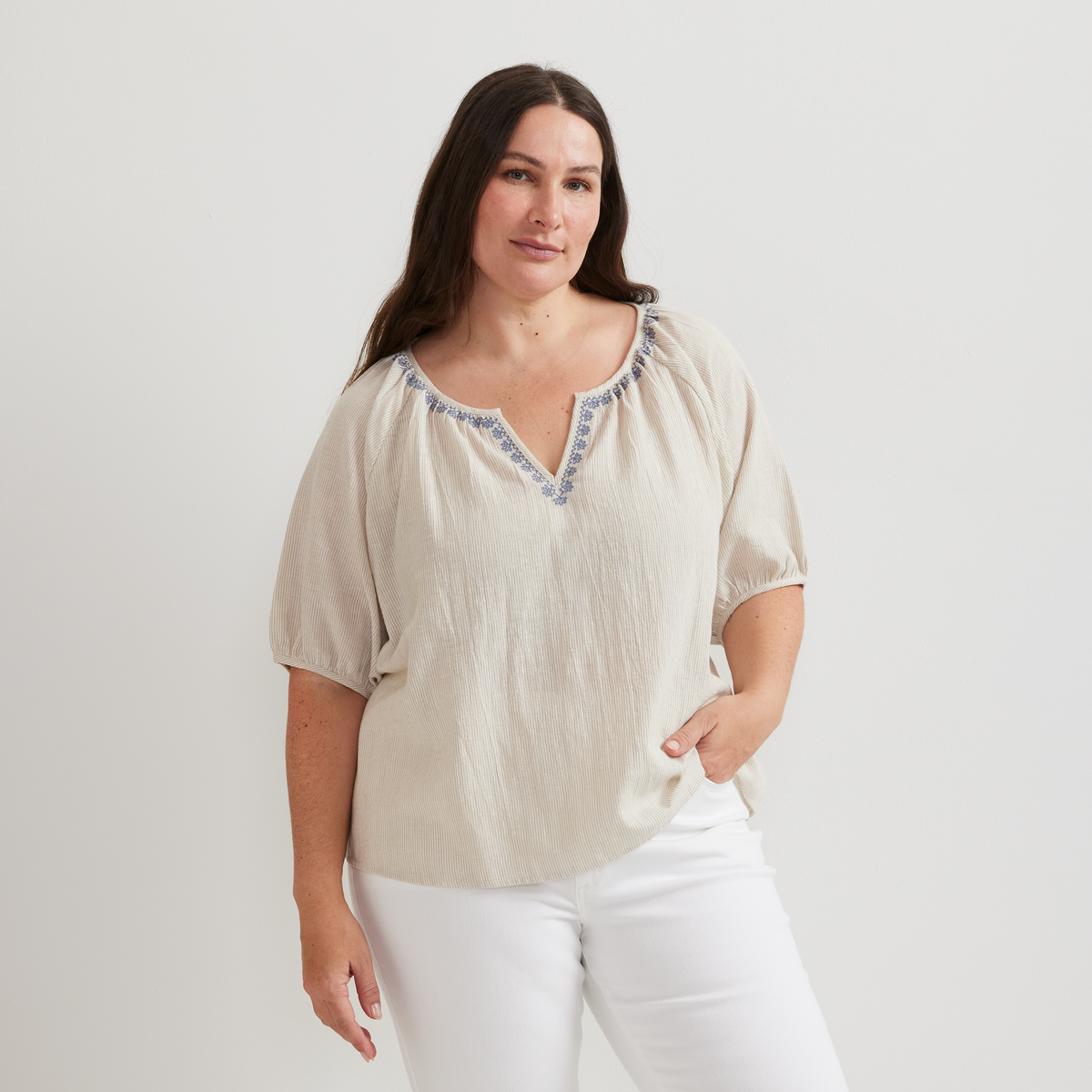 Women's Embroidered Trim Shirt-Pumice-Plus-C1