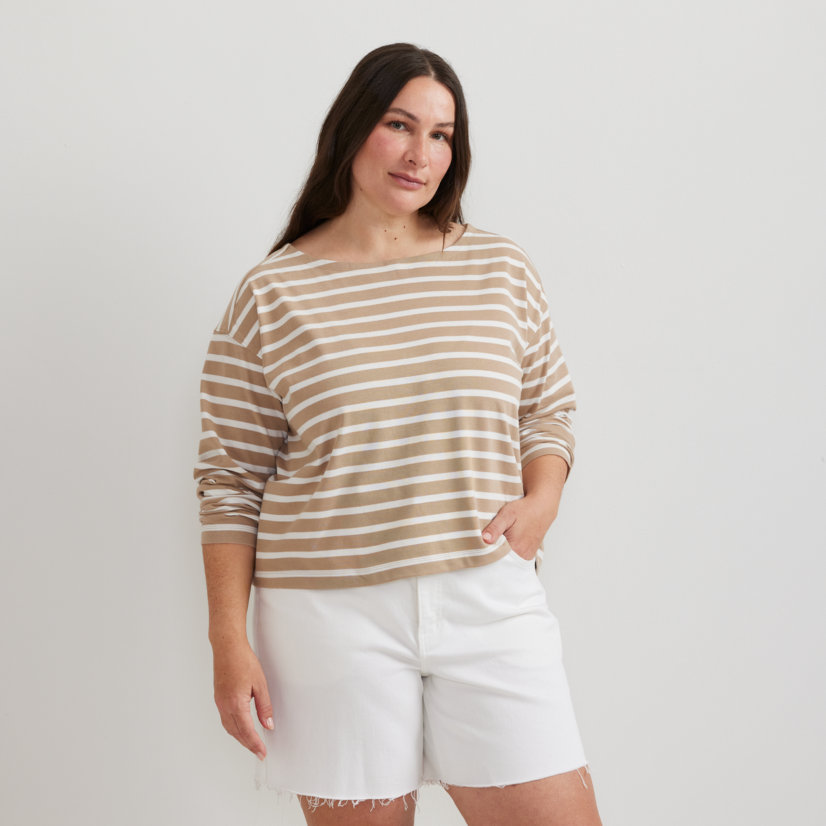 Women's Sailor Bateau Neck T-Shirt-Tan-Plus-C1