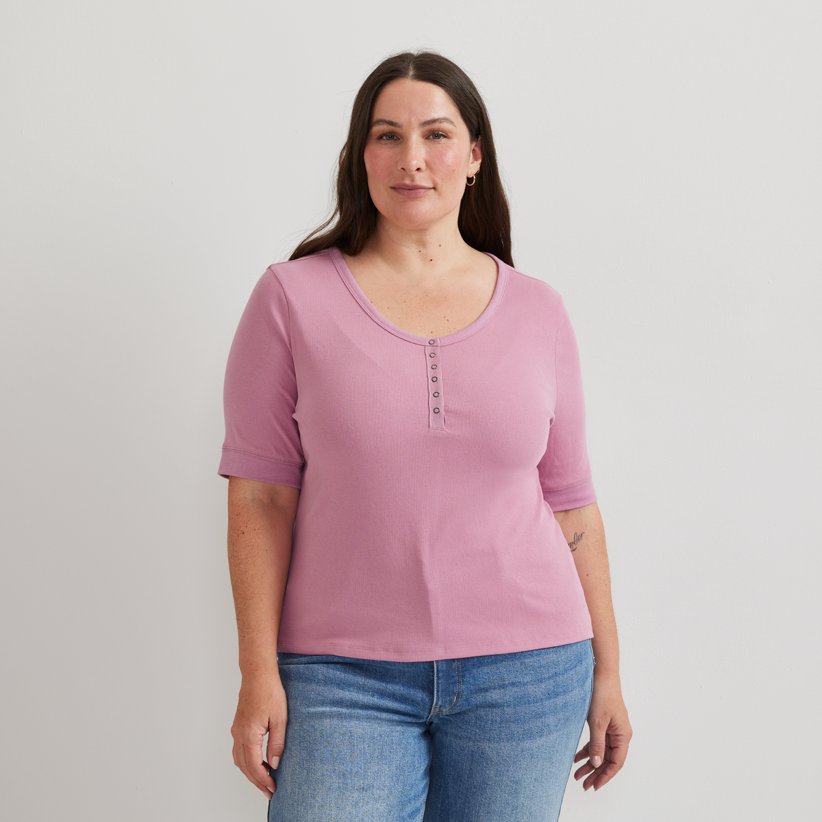Women's Softline Short-Sleeve Ribbed Henley-Vintage Rose-Plus-C1