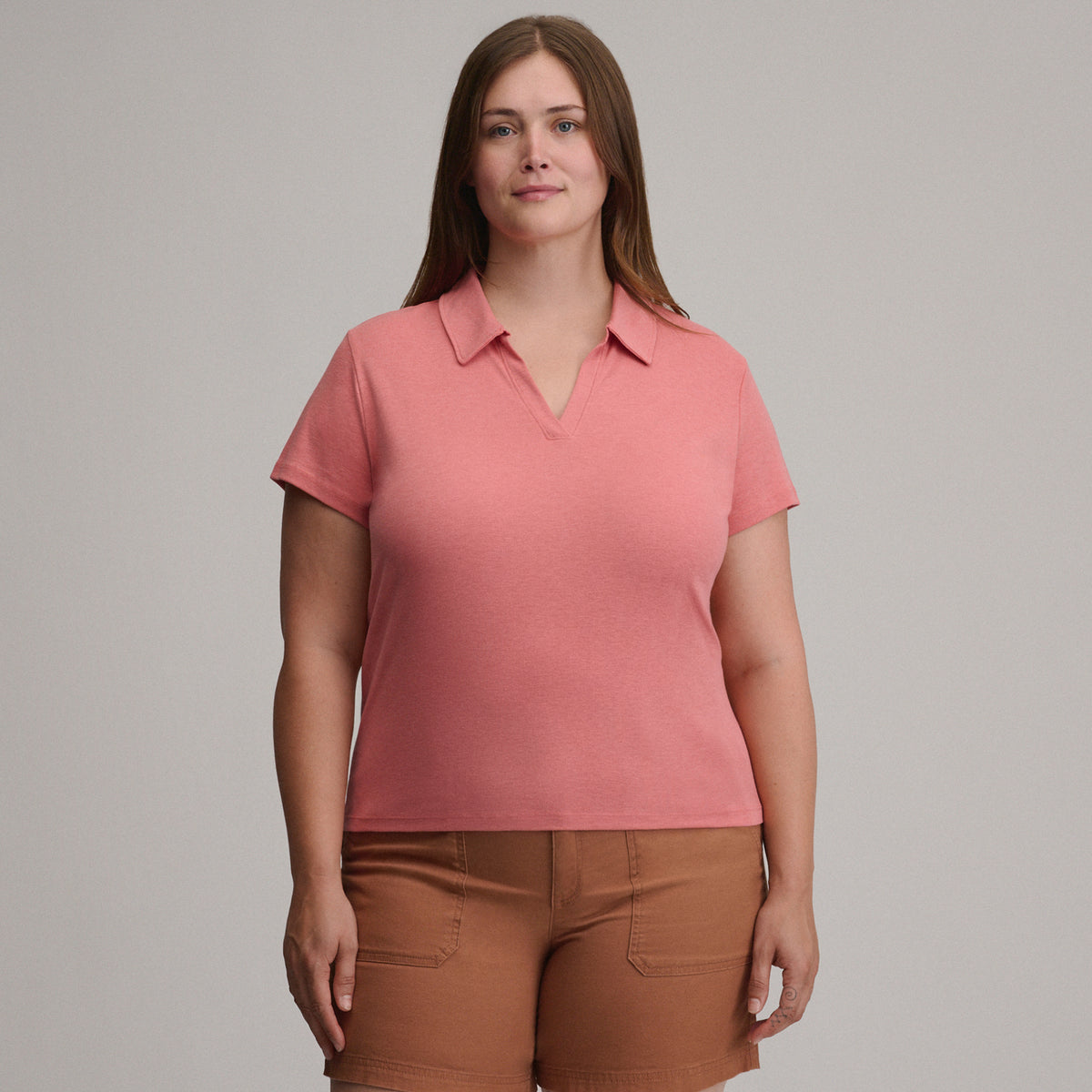 Women's Everyday Short Sleeve Collared Split Neck-Tangelo-Plus-5