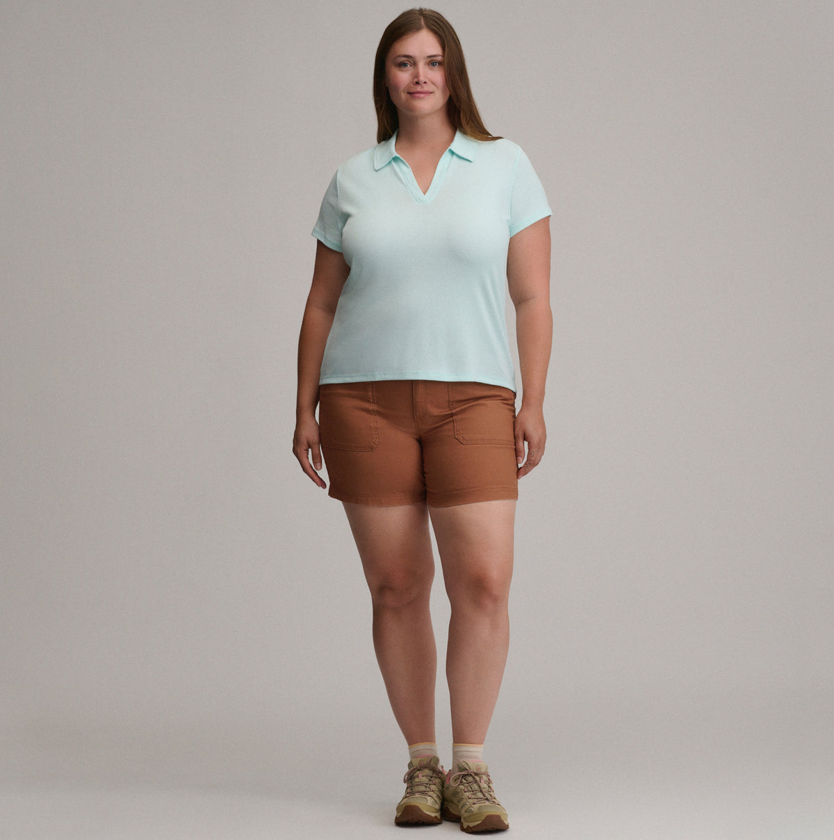 Women's Everyday Short Sleeve Collared Split Neck-Lt Aqua-Plus-24