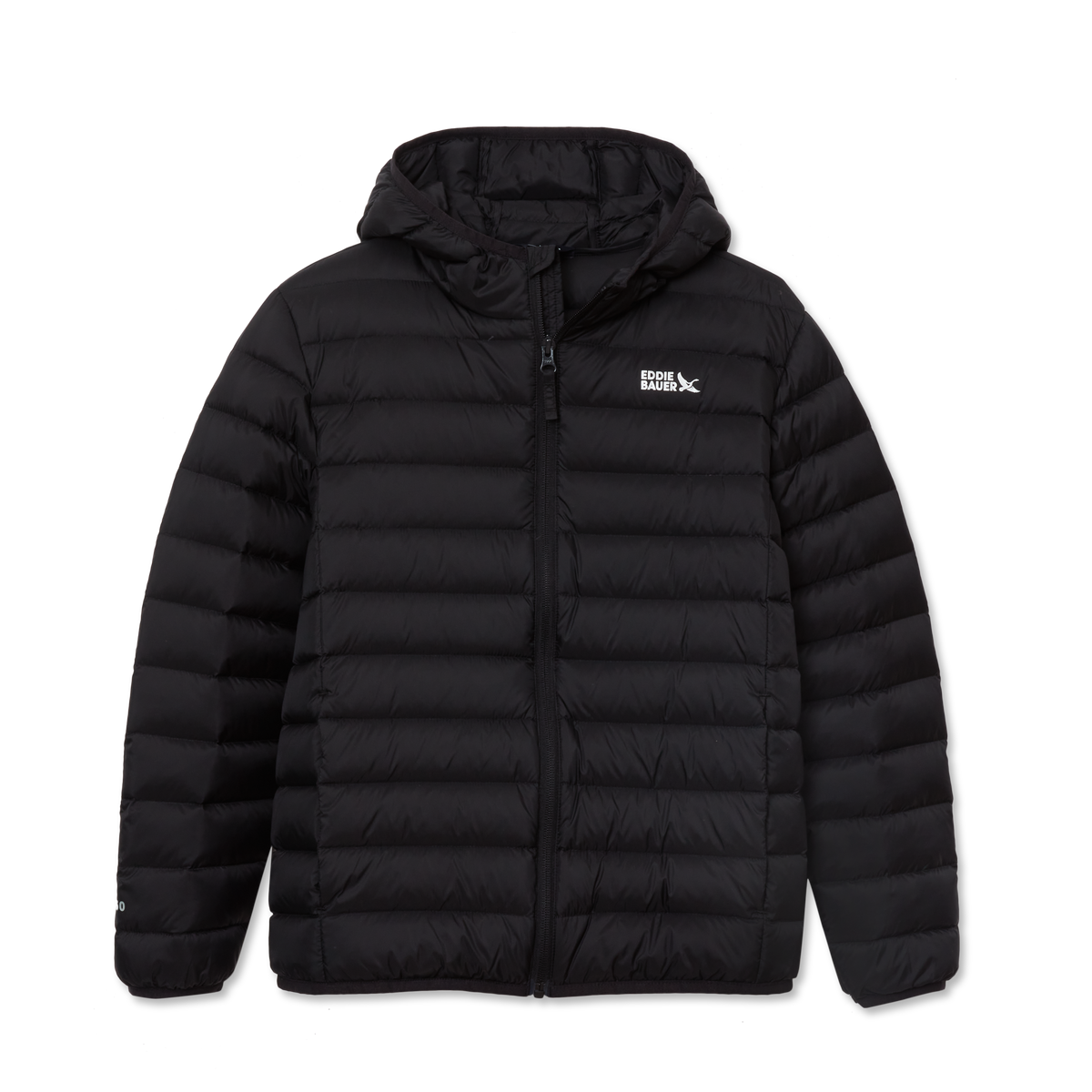 Black quilted down hooded jacket with front zip closure and brand logo on chest.
