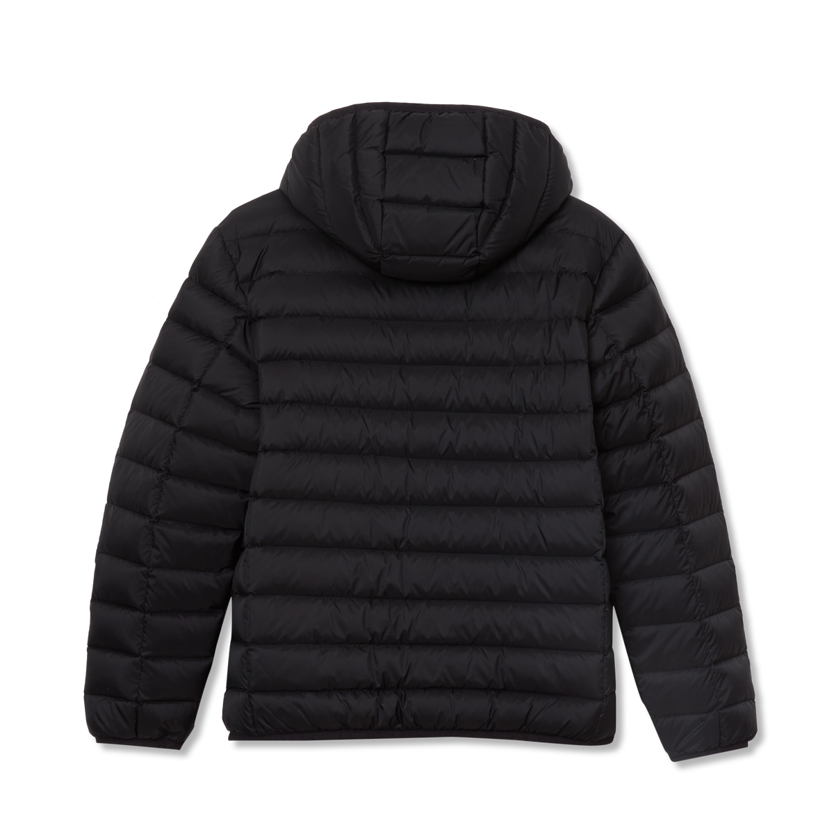 Black quilted down hooded jacket with horizontal stitch pattern and long sleeves.