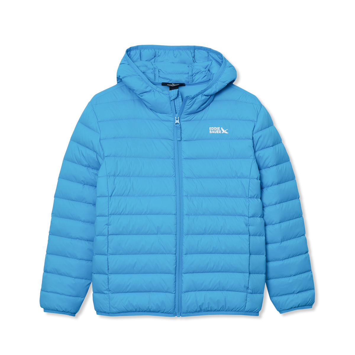 Bright blue quilted down jacket with hood and front zip closure for children.