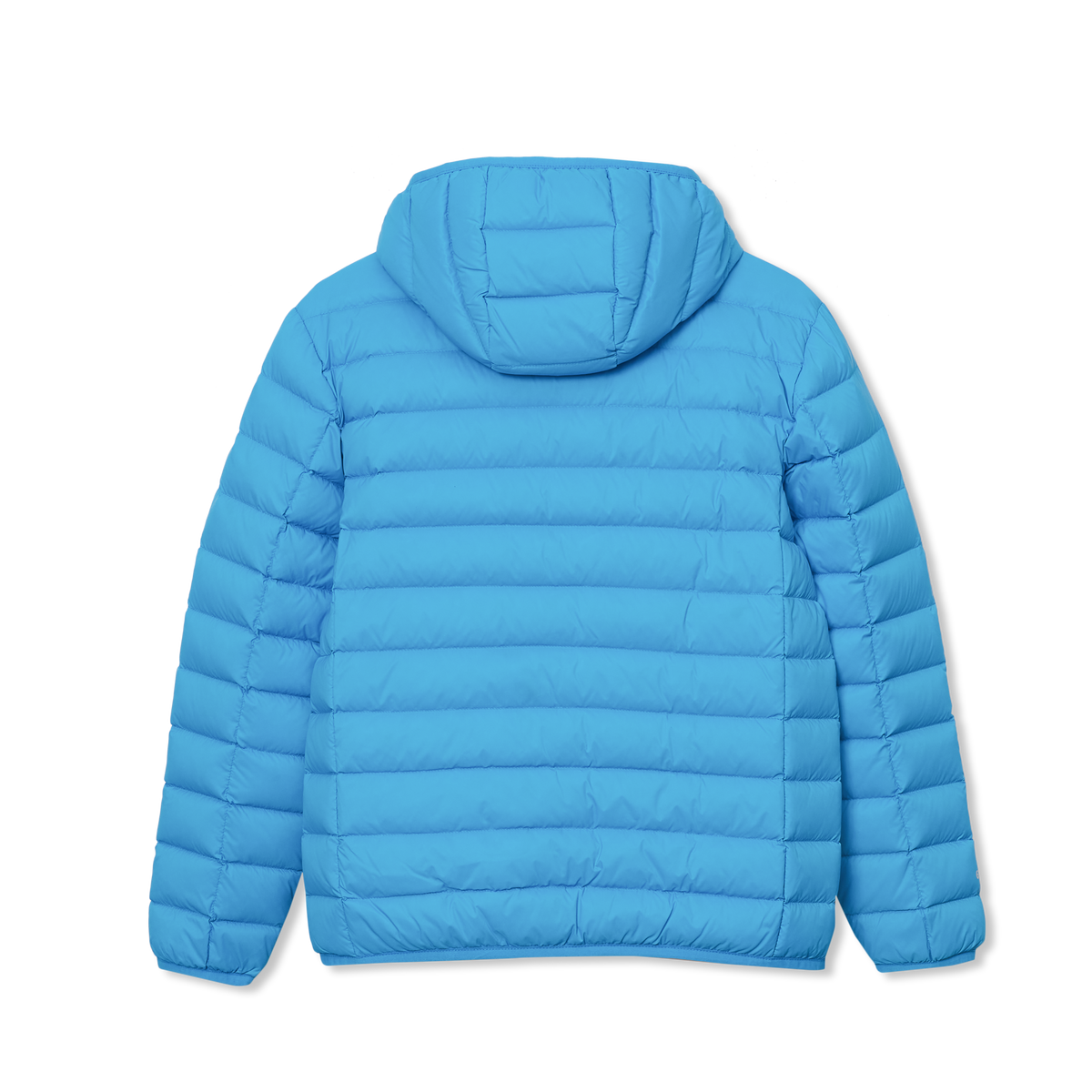 Bright blue quilted down hooded jacket with horizontal baffles and ribbed cuffs.