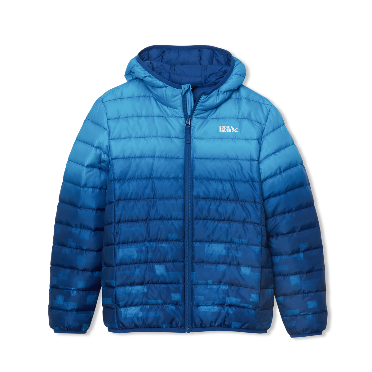 Blue quilted down hooded jacket with a color-block design transitioning from light blue to dark blue, featuring a front zip a