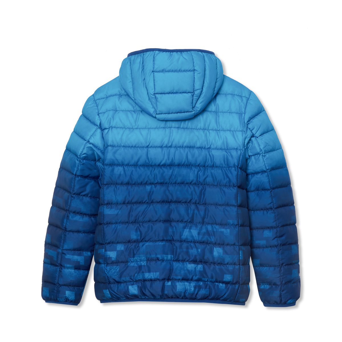 Blue quilted down hooded jacket with gradient color blocking from light to dark blue.