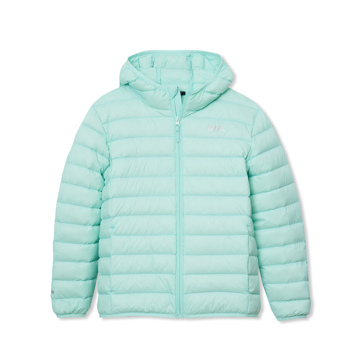 Light mint-green quilted down jacket with hood and full-length zipper for children.
