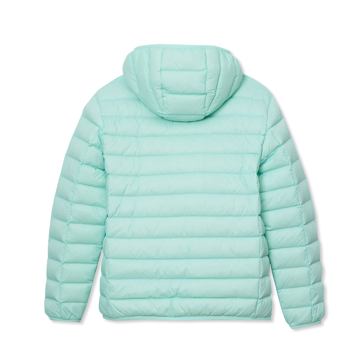 Light mint quilted down jacket with hood and horizontal stitch lines, shown from back view.
