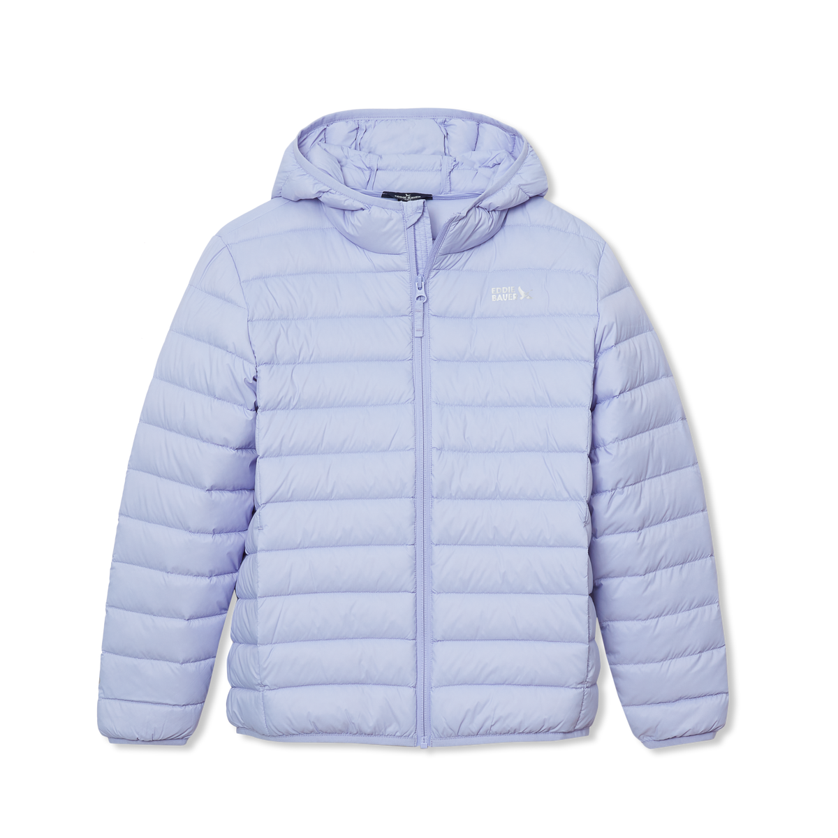 Light purple quilted down hooded jacket with horizontal stitch lines and front zip closure.