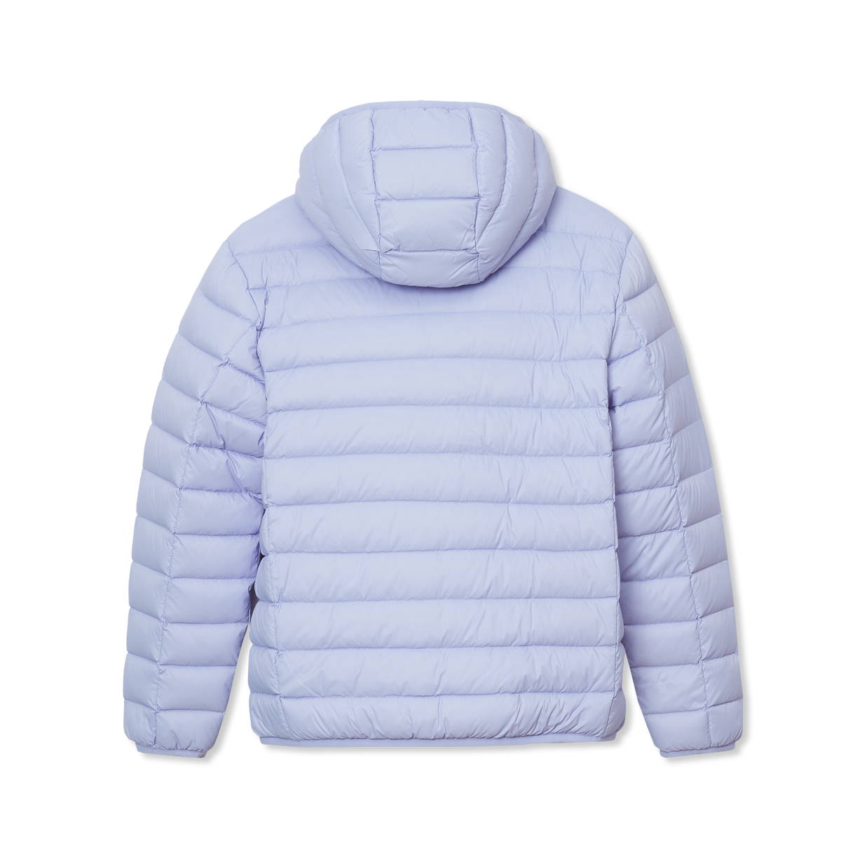 Light purple down hooded jacket with horizontal quilted panels and long sleeves.
