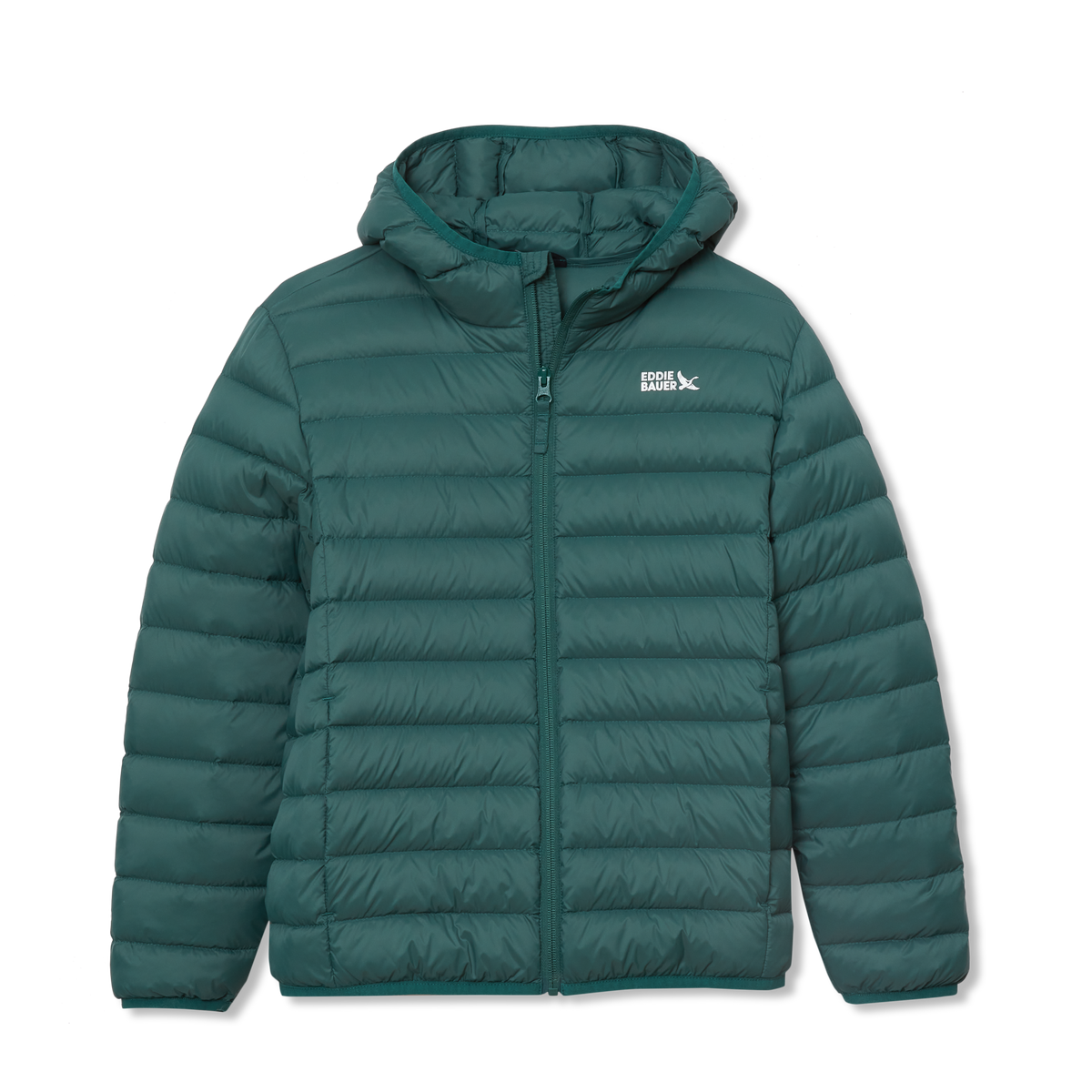 Dark teal quilted down hooded jacket with front zip closure and brand logo on chest.