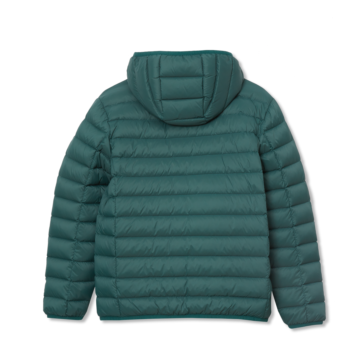 Teal quilted down hooded jacket with horizontal stitching and elastic cuffs.