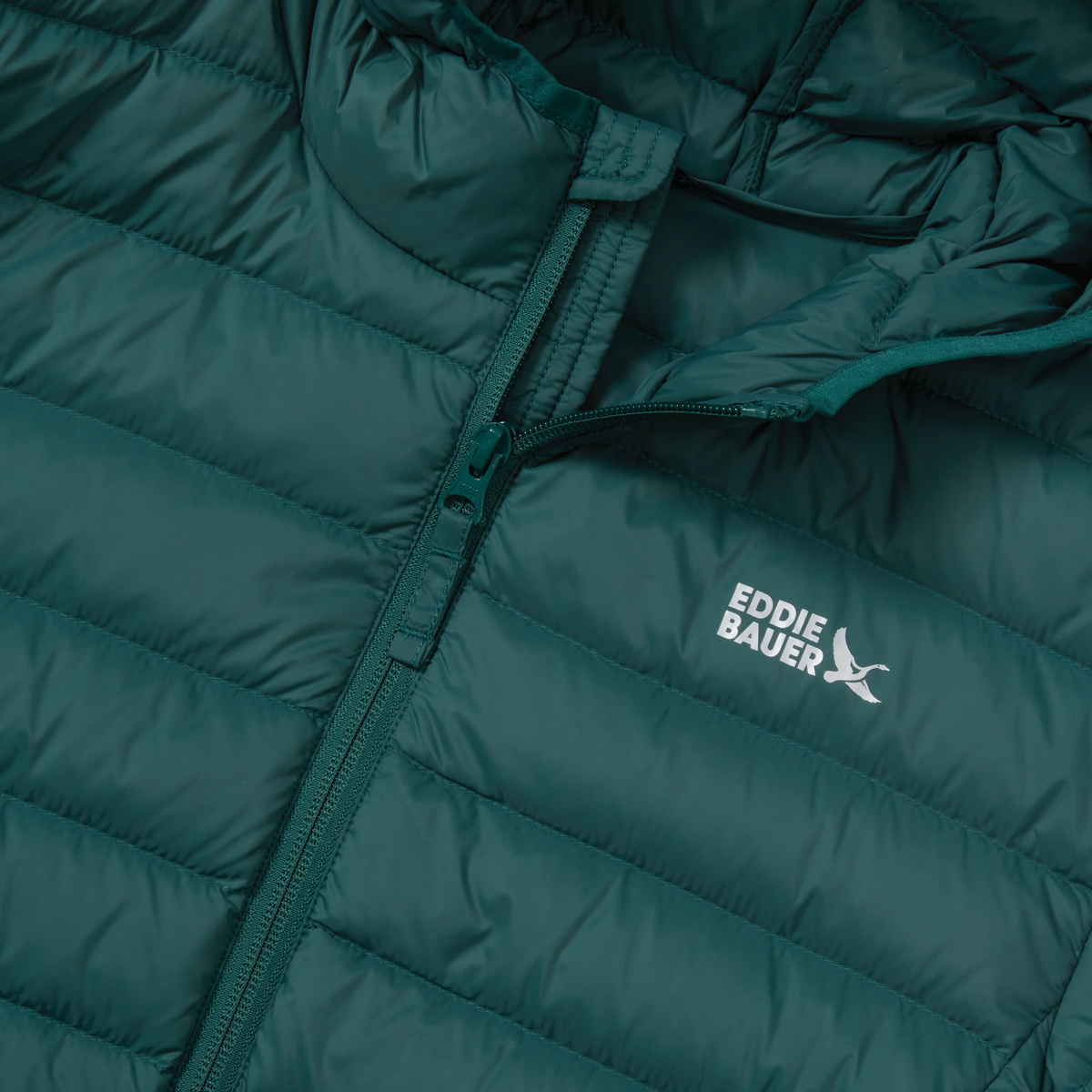 Teal down hooded jacket with quilted panels and front zip closure, Eddie Bauer branding visible.
