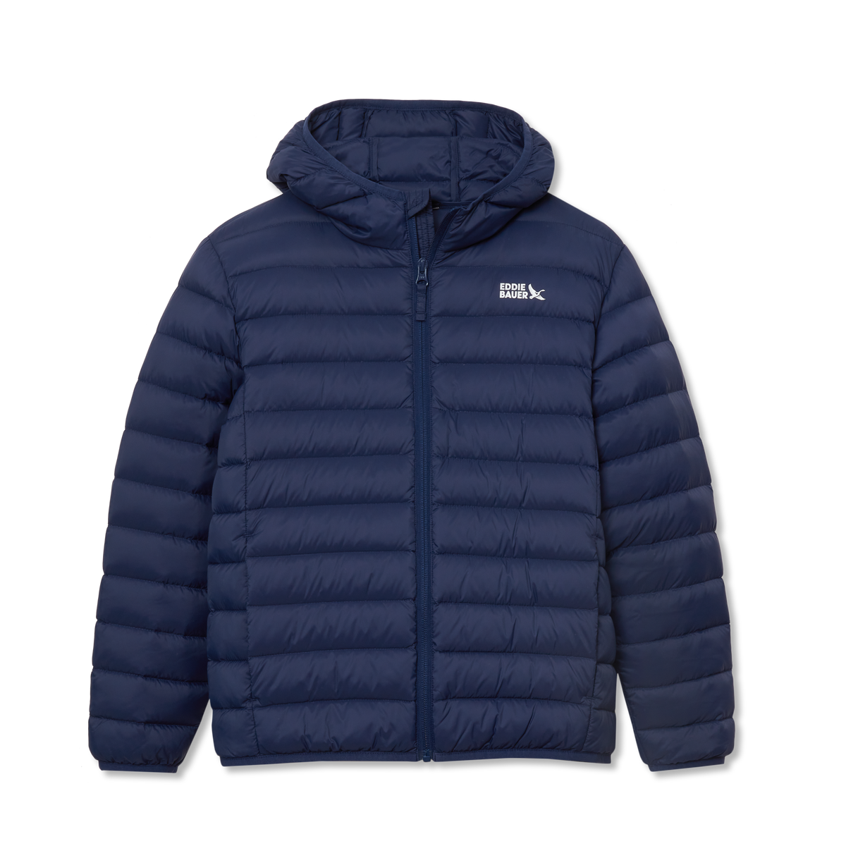 Navy blue quilted down hooded jacket with horizontal stitching and brand logo on chest.