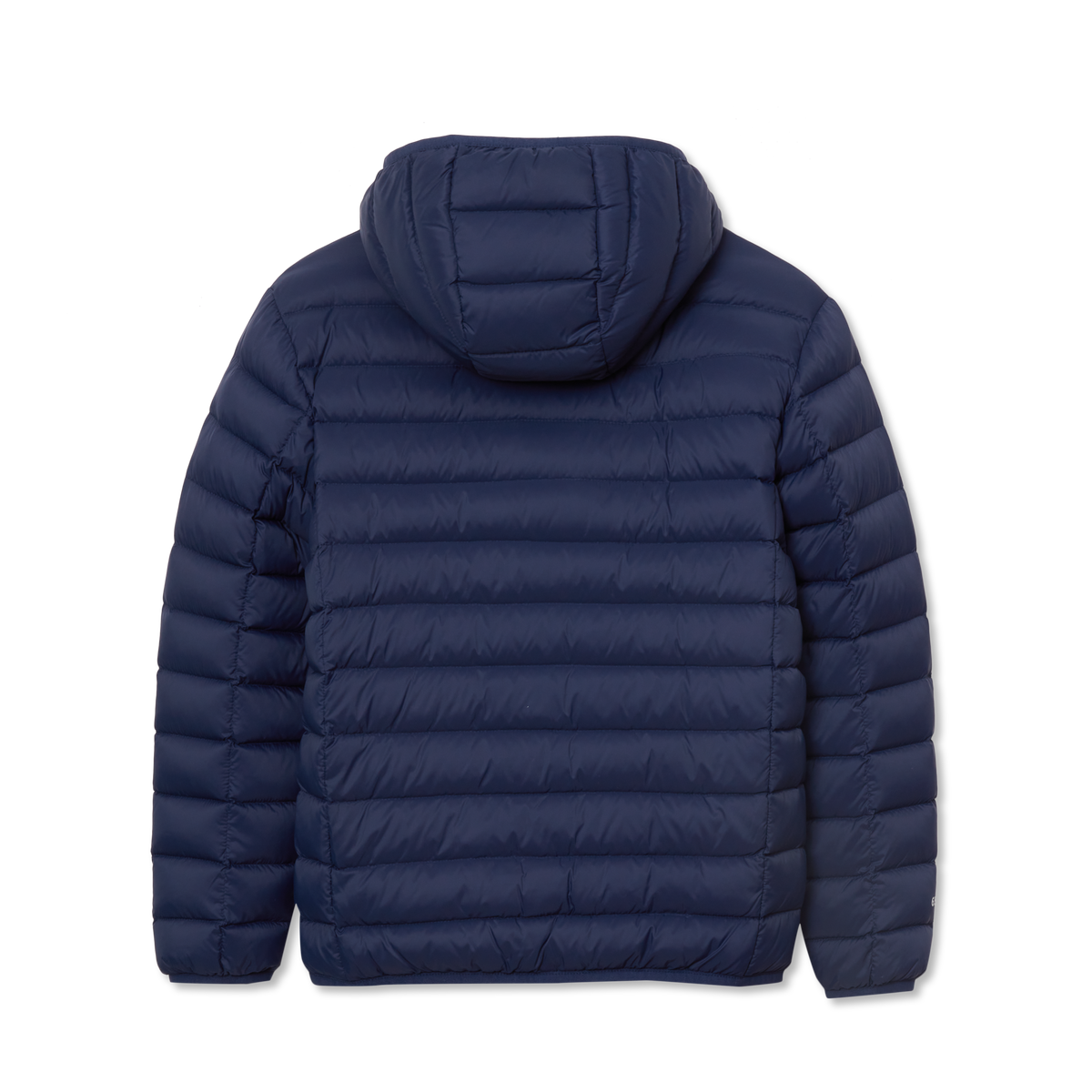 Navy blue quilted down hooded jacket with horizontal stitching and long sleeves.