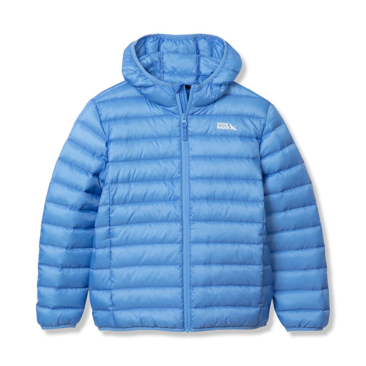 Blue quilted down hooded jacket with front zip closure and brand logo on chest.