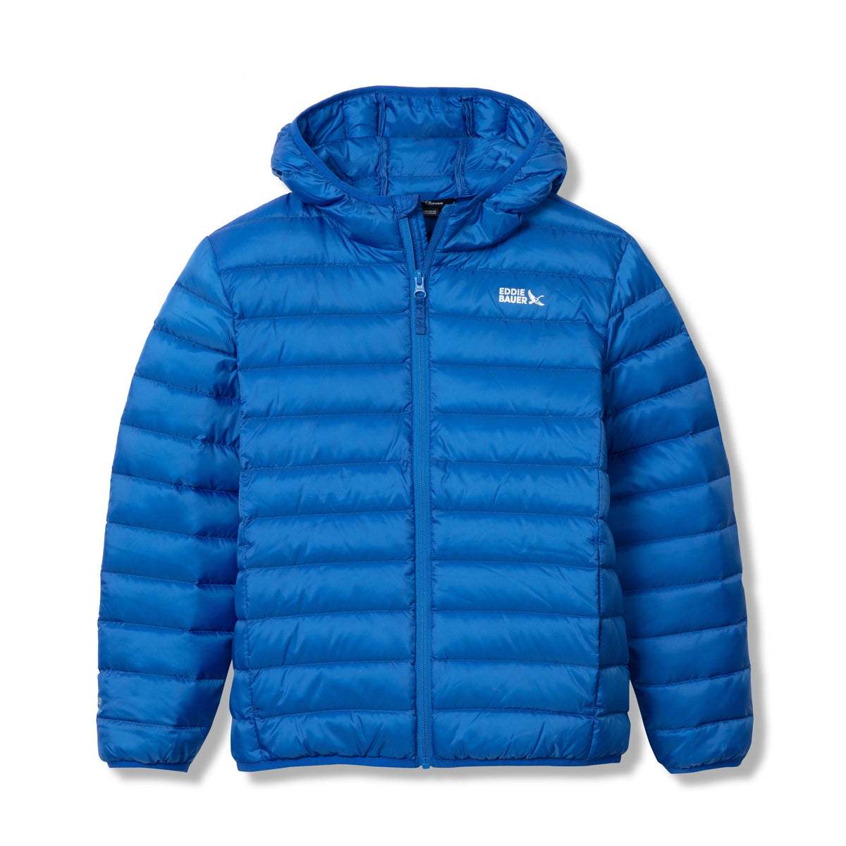 Bright blue quilted down jacket with hood and front zip closure for children.