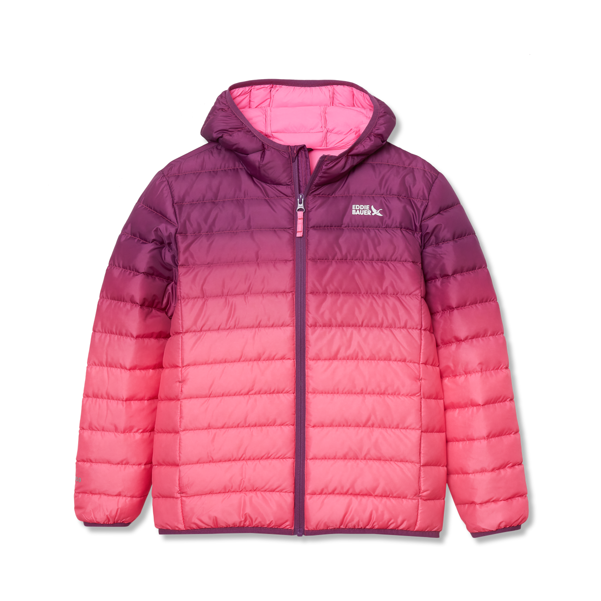 Child's quilted down jacket with hood in pink and purple colorblock design, full front zip closure.