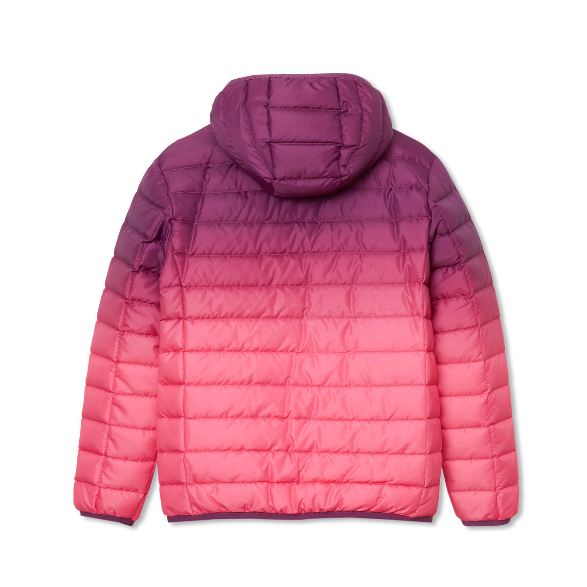 Purple and pink ombre quilted down hooded jacket with horizontal stitch lines.