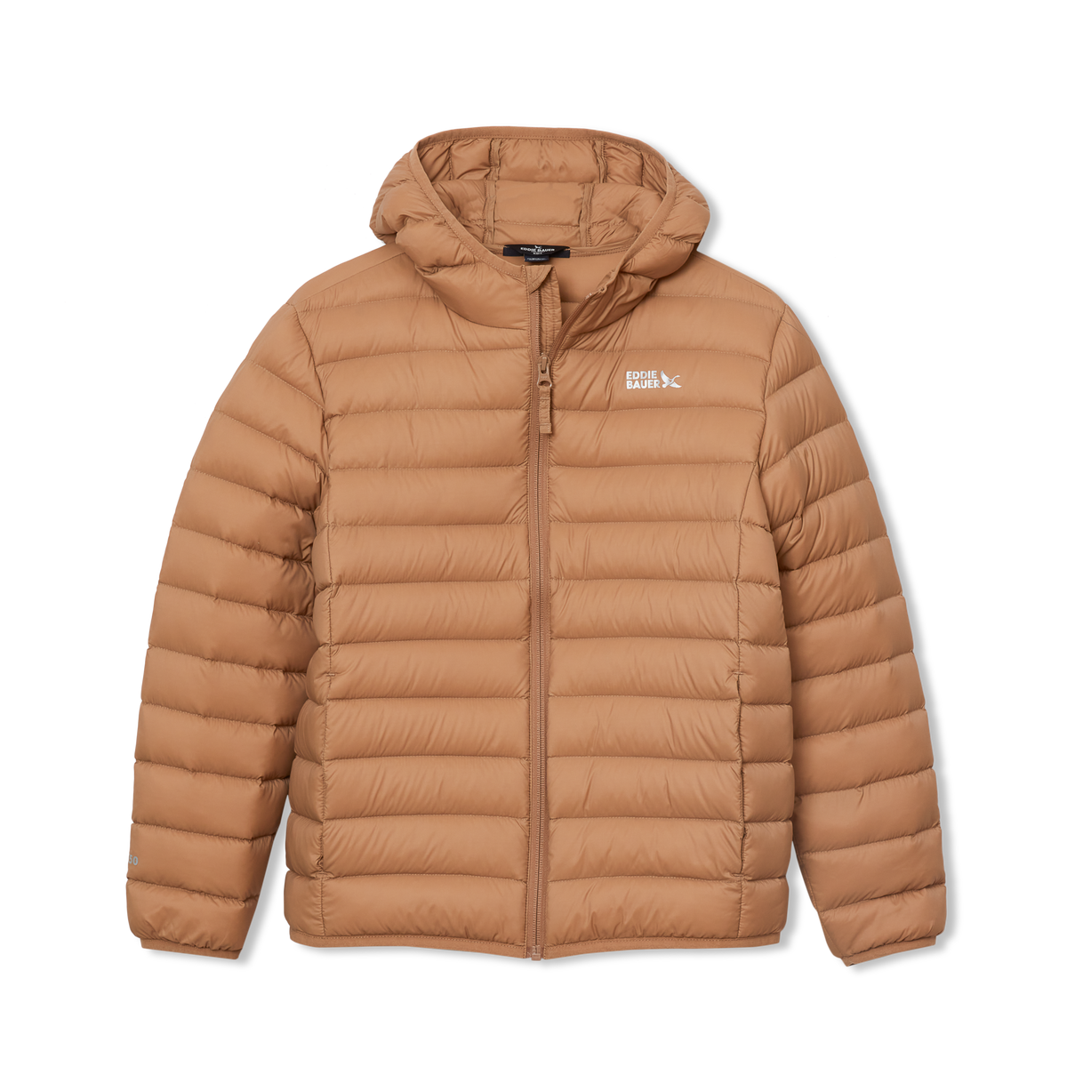 Tan quilted down hooded jacket with front zip closure and brand logo on chest.