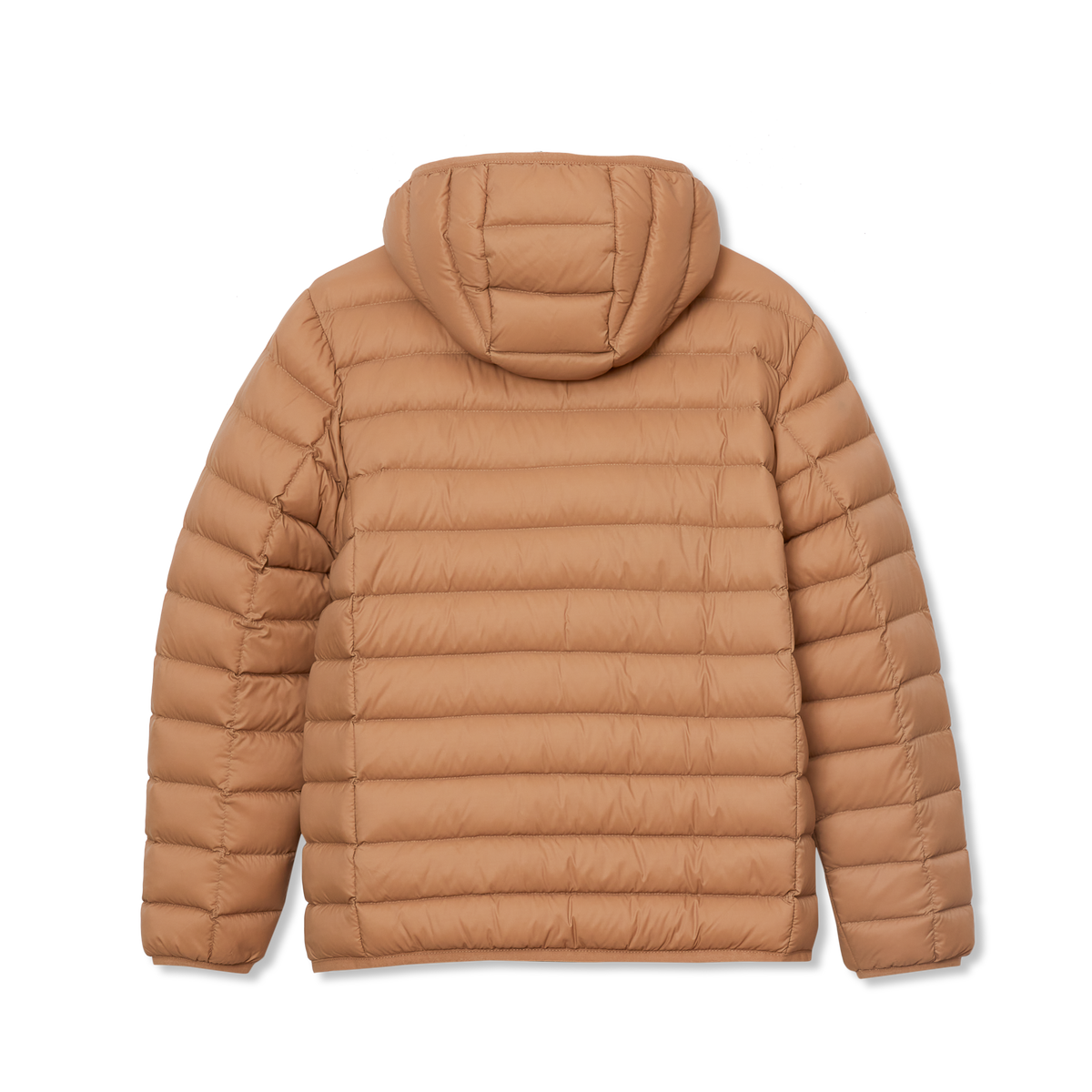 Tan quilted down hooded jacket with horizontal stitching and long sleeves.