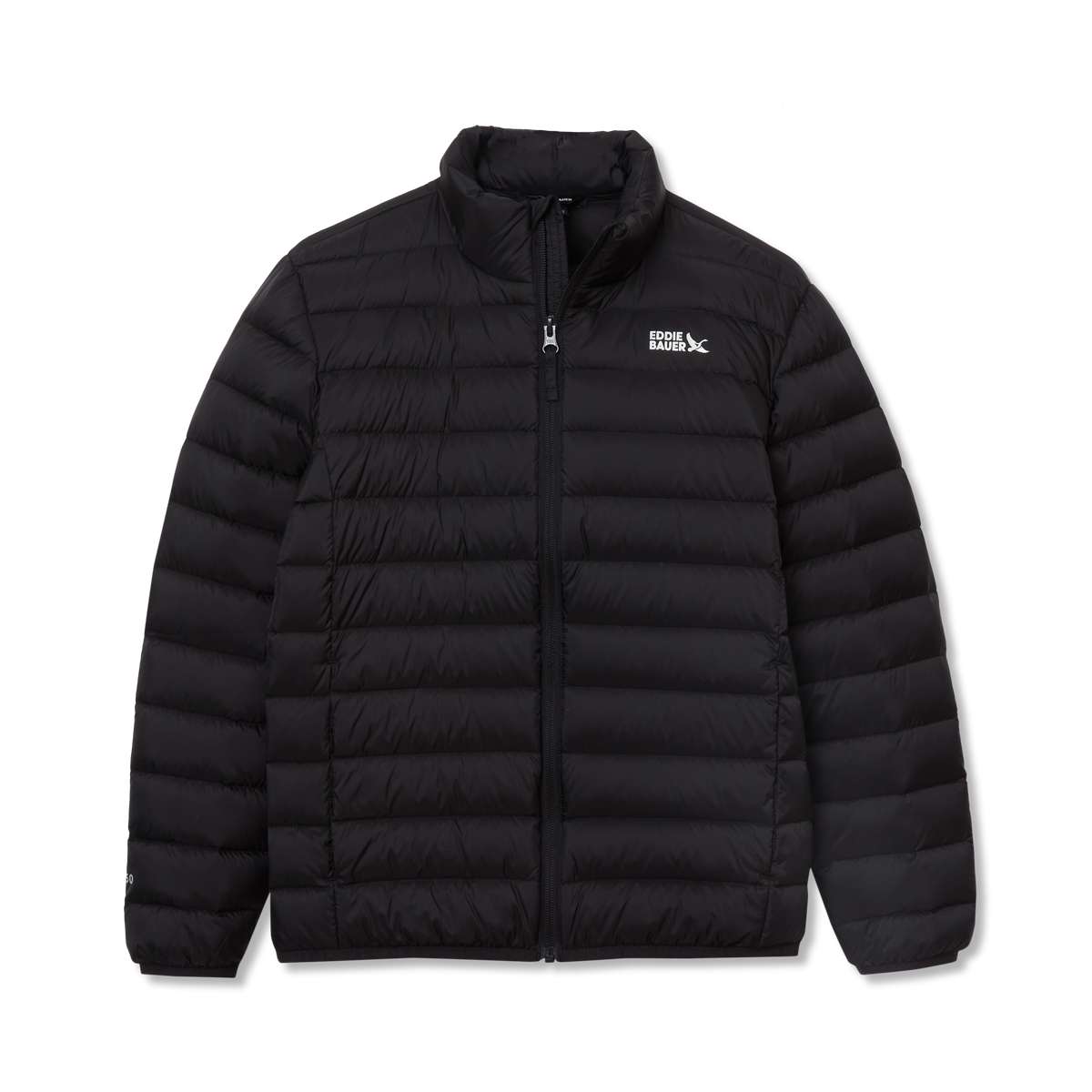 Black quilted down jacket with full-length zipper and Eddie Bauer logo on chest.