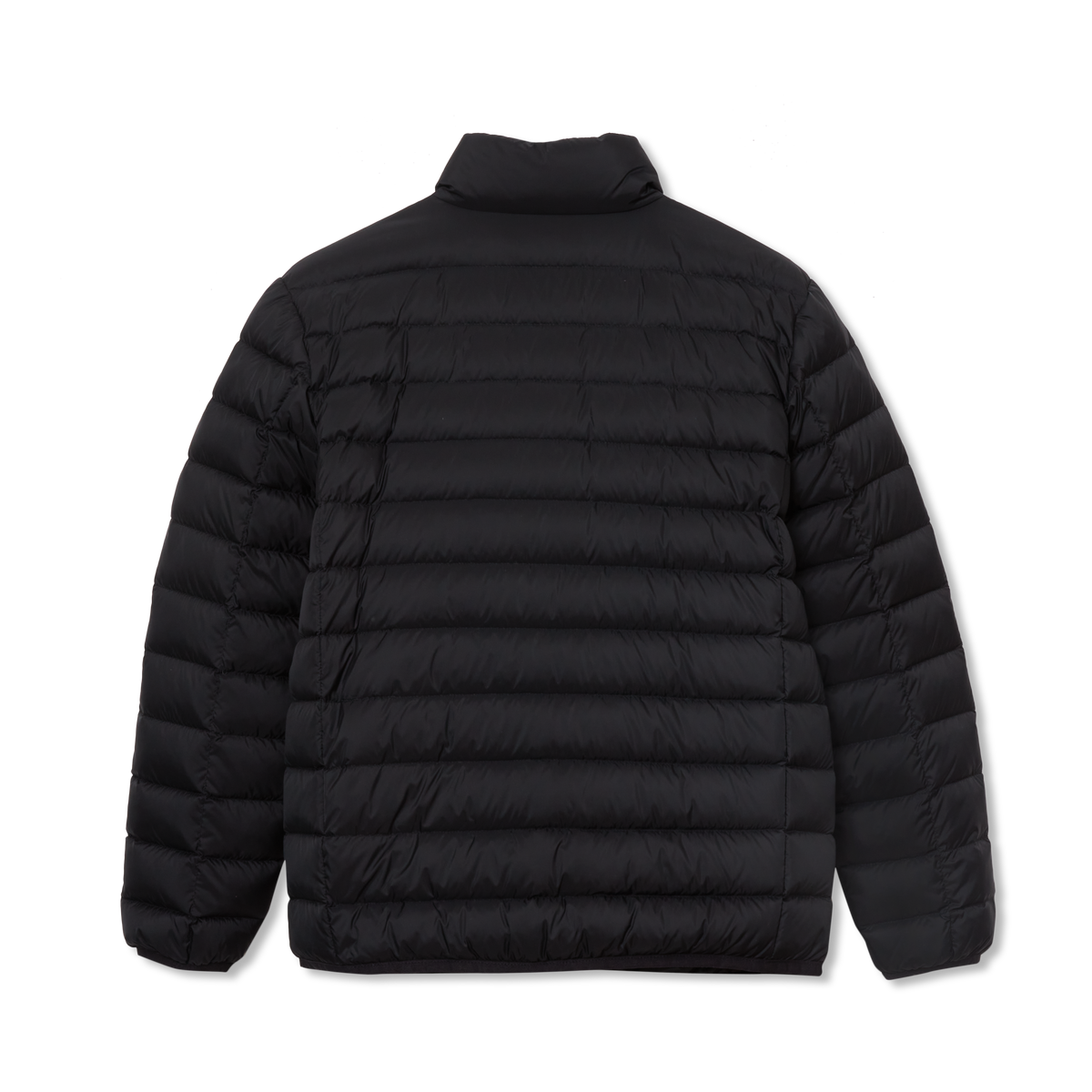 Black quilted down jacket with high neckline and horizontal stitched panels.