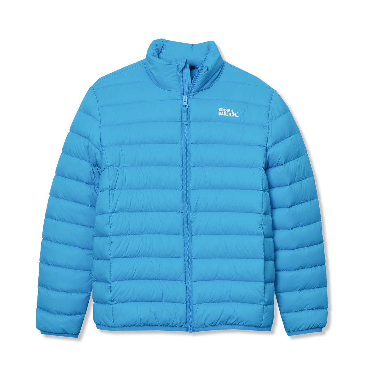 Blue quilted down jacket with full-length front zipper and high collar, featuring horizontal stitching and Eddie Bauer logo.