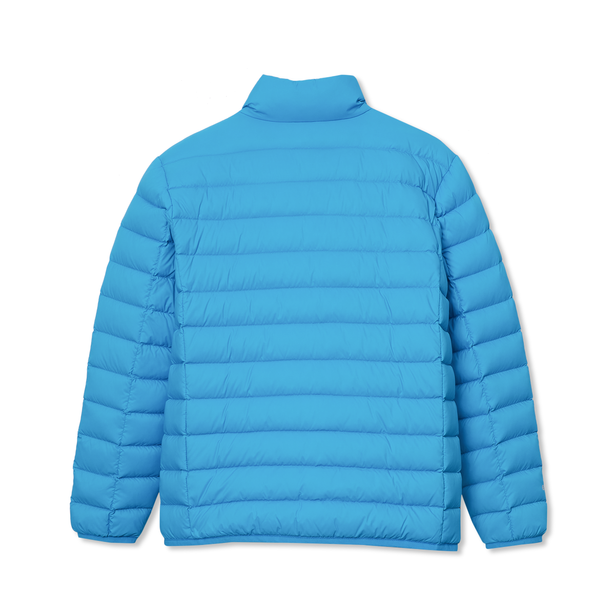 Bright blue puffed down jacket with horizontal quilting and a high collar, displayed from the back.