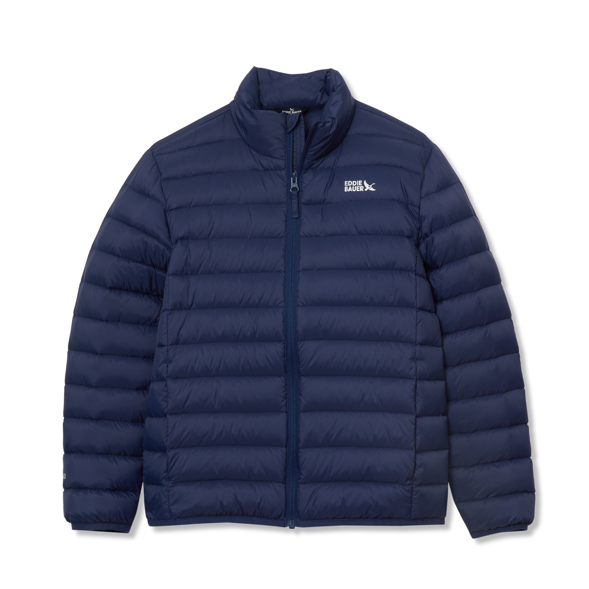 Navy quilted down jacket with full-length front zip and stand collar.