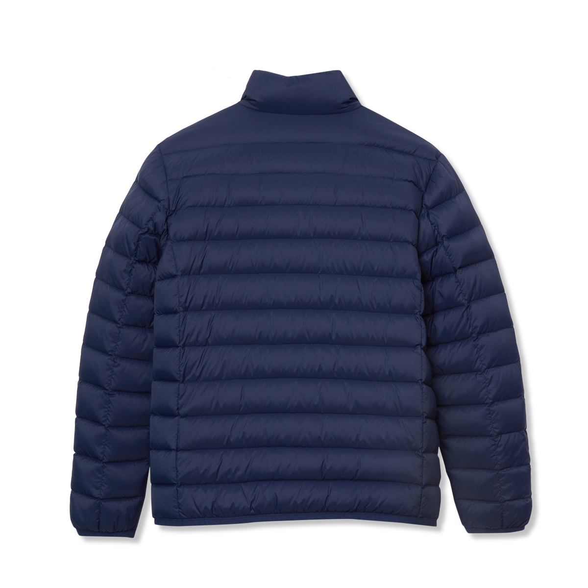 Navy blue quilted down jacket with horizontal baffles and a funnel neckline.